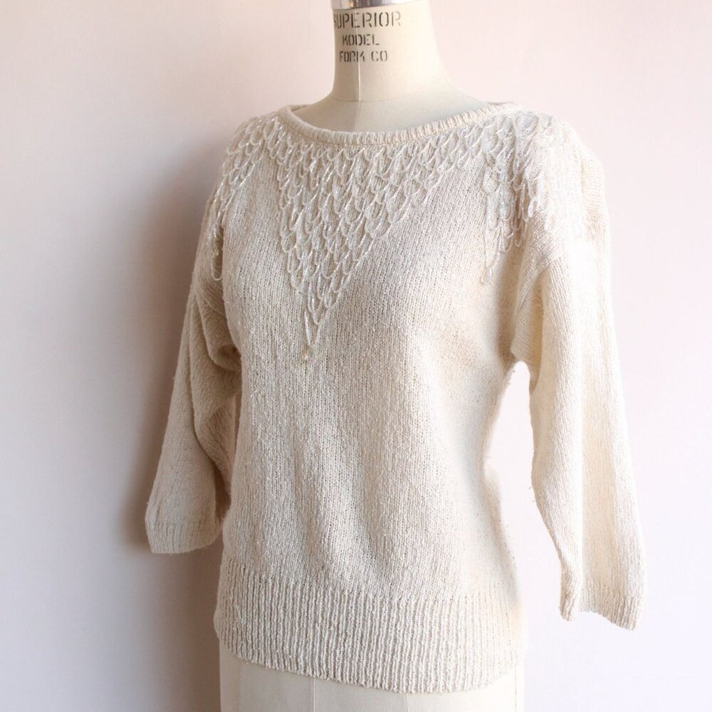 Vintage 1980s Sweater, Bonnie Boerer Ivory Pullover with Fringed Beading, - Picture 7 of 10